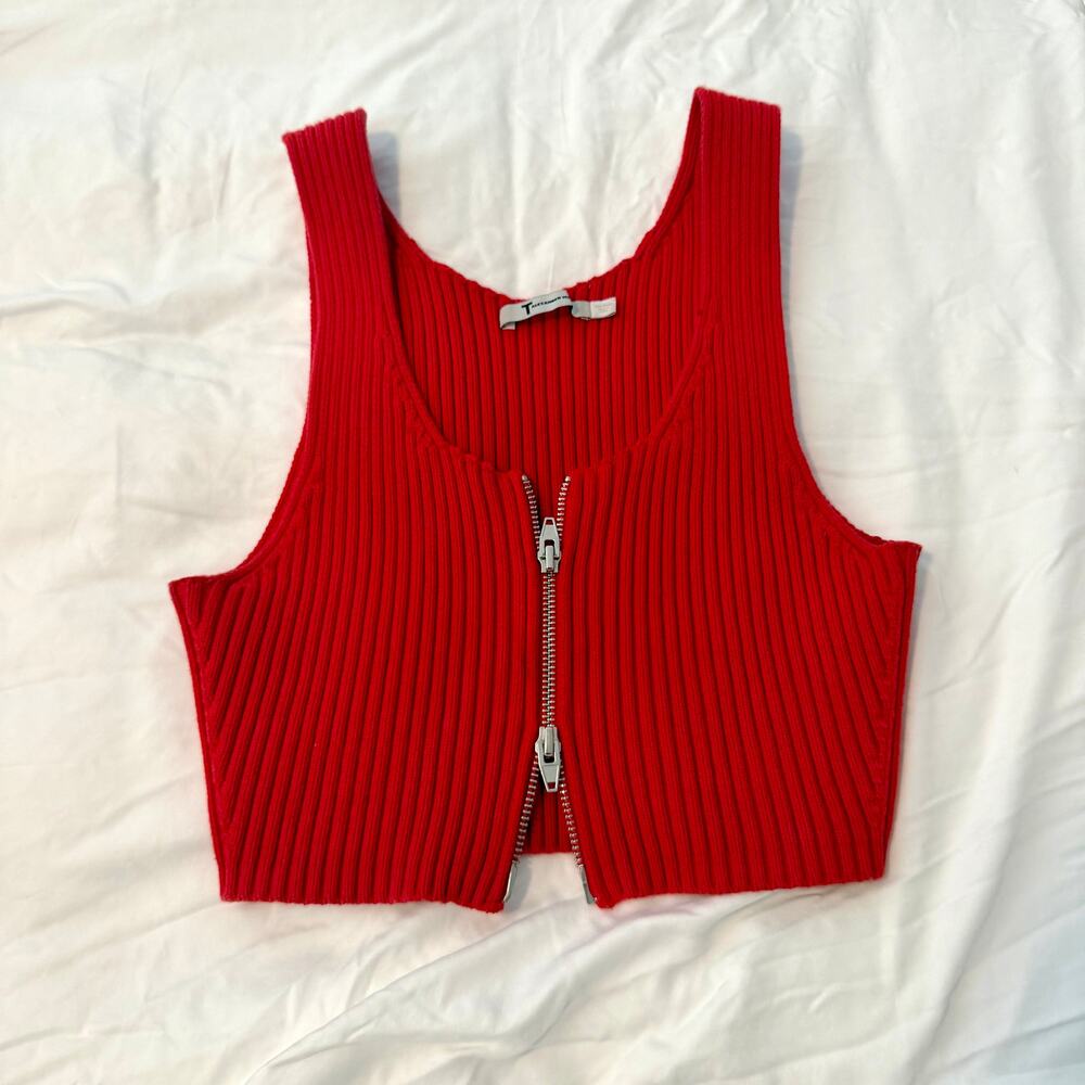 T by Alexander Wang Red Double Zip Ribbed Knit Crop Top Size S
